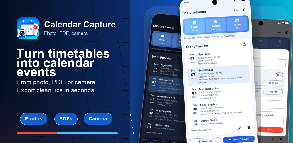 Calendar Capture app screens showing event extraction from photos, camera, and PDF import